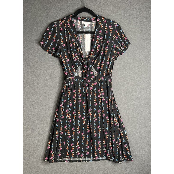 TOPSHOP Mini Shirt Linear Floral Dress Tie Front 100% Viscose Black Women Size 2 - Picture 3 of 11